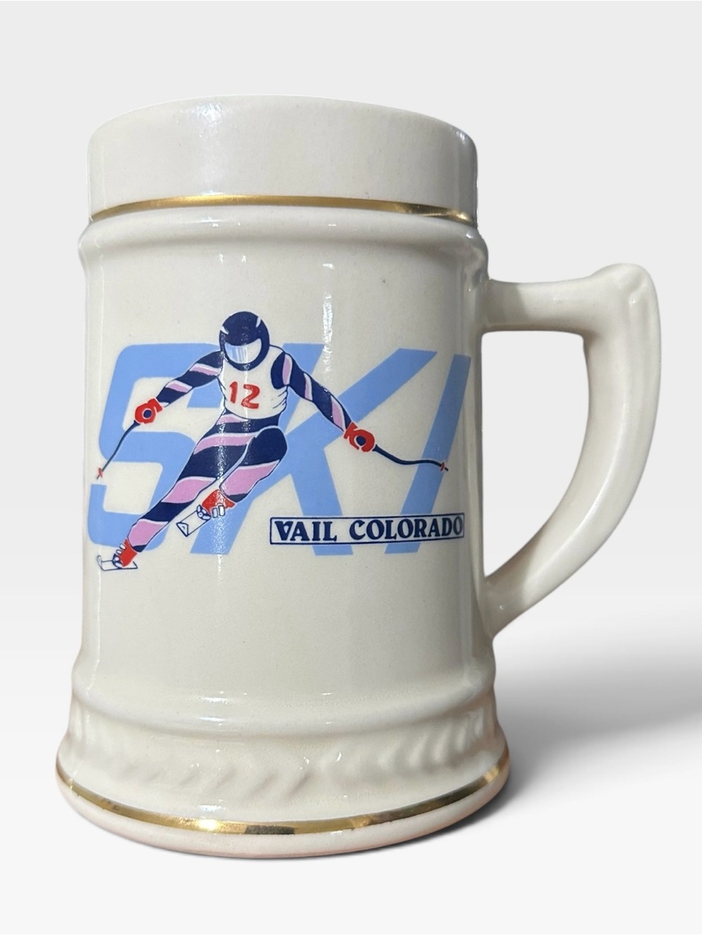 Vintage Vail Colorado Retro Ski Stein with Gold Trim